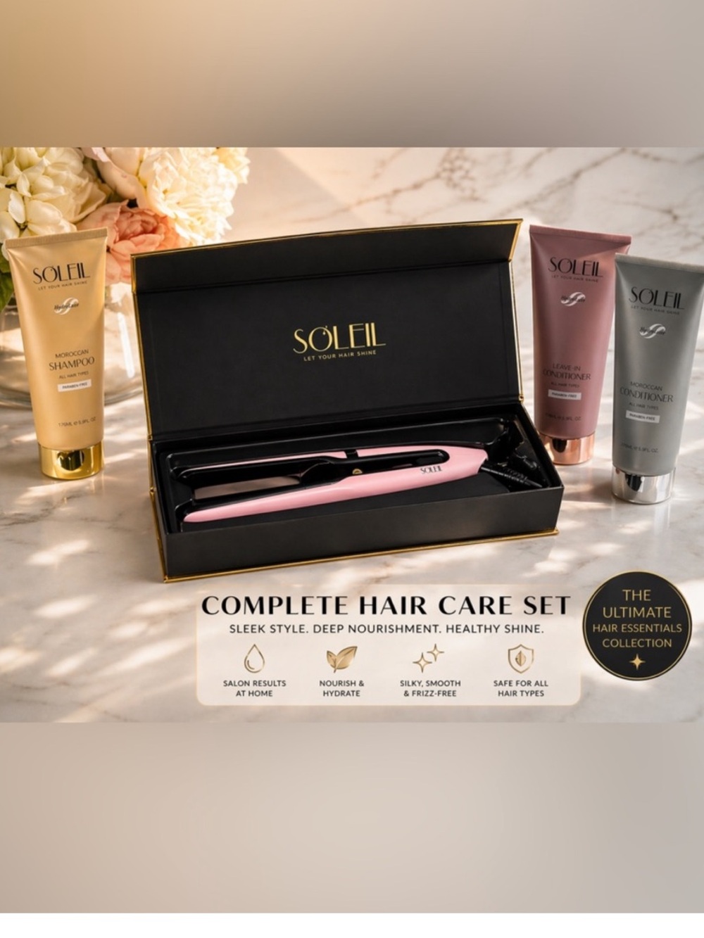 4 PIECE COMBO - Soleil Pink Ceramic Hair Straightener – plus shampoo & treatment
